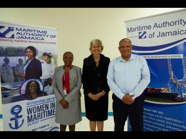 Deputy Director General of the MAJ, Claudia Grant (left,) with Chair of Jamaica’s Trade Facilitation Task Force Pat Francis and Captain Steven Spence, director in the Directorate of Safety, Environment and Certification, MAJ, at an event to celebrate Int