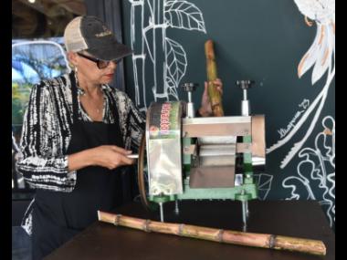 Gail Bell gives a demonstration using the sugar cane juicer. 