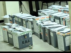 Ballot boxes inside the Electoral Office of Jamaica's downtown Kingston office on Tuesday, a day after the local government elections.