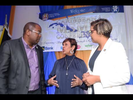 Dr Ruth Potopsingh (centre), associate vice president, sustainable energy at the University of Technology, Jamaica makes a point to fellow panellist, Dwayne Walters, head of MSME and Partner Channels at Cable and Wireless Business Solutions, while Onika Miller, managing director, MCS Group listens. They are attending the Caribbean MSME Conference 2019 at the Jamaica Pegasus Hotel, New Kingston. 
