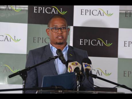 Minister of State in the Ministry of Industry, Investment, Commerce, Agriculture and Fisheries, Floyd Green speaking during the opening of the new Epican Jamaica dispensary on the Jimmy Cliff Boulevard, in Montego Bay, St James. 