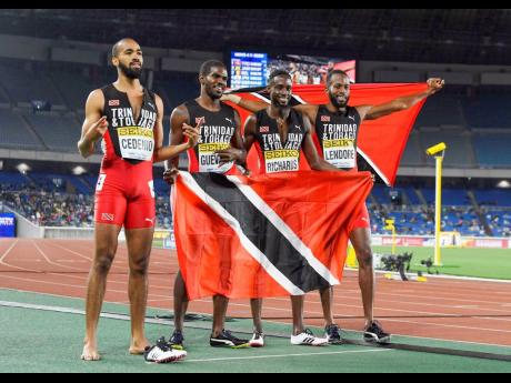 From left: Trinidad and Tobago’s team of Machel Cedenio, Asa Guevara, Jereem Richards and Deon Lendore celebrate after winning the 4x400m men’s relay final at the IAAF World Relay Games in Yokohama, Japan, on Sunday, May 12.