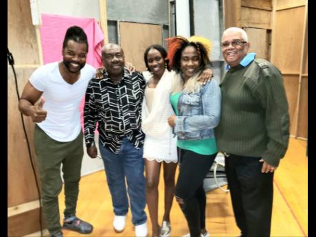 The cast of ‘56 East Avenue’ backstage at the East Orange performance.  From left: Dennis Titus, Oliver Samuels, Lakeisha Ellison, Audrey Reid, and Volier Johnson. 