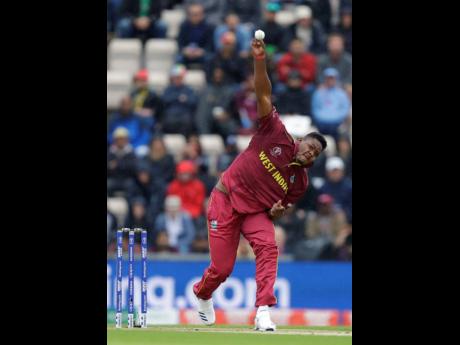 Windies pace bowler Oshane Thomas with a delivery during their ICC World Cup match with South Africa at The Ageas Bowl in Southampton, England, on Monday. 