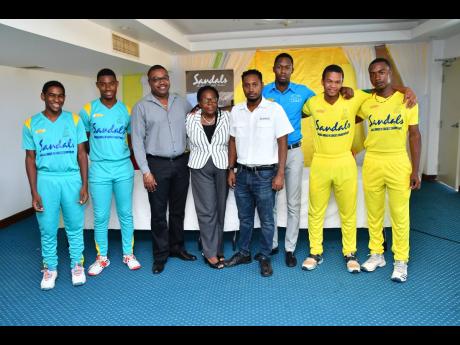 From left: Western Heat players Matthew Bell and Mathew Comerie; Jamaica Cricket Association (JCA) Chief Executive Officer Courtney Francis; JCA Director Pauline White-Anderson; Sandals Resorts Public Relations Manager – Sponsorships, Crissano Dalley; Corporate Sales Manager at Rainforest Seafoods, Richard Coleman; and Northern Lights players Junior Coleman and Romaine Bennett at the launch of the 2019 Sandals Under-19 Cricket Championships at Sabina Park in Kingston on June 25.