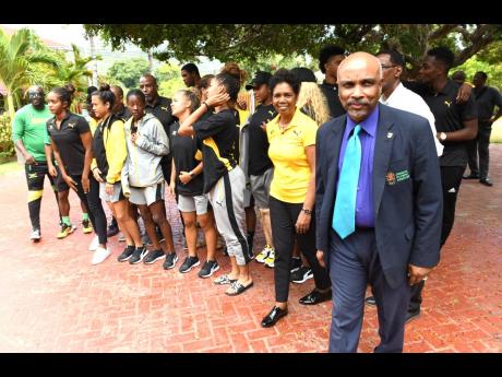 Jamaica Olympic Association president Christopher Samuda (right) posing with some of the members of Jamaica’s team to the 2019 Pan Am Games, which will be held in Lima, Peru, from July 26-August 11, 2019.