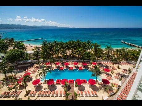 A view of the pool and coastline at S Hotel Montego Bay.