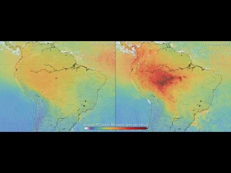 This satellite combo image provided by European Space Agency, ESA, shows levels of carbon monoxide pollution caused by the forest fires in the Amazon, between the second half of July 2019 and the first half of Aug 2019. 
