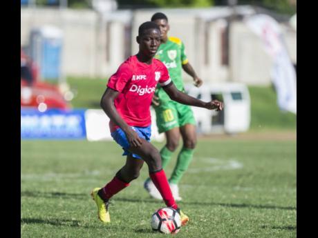 Camperdown High School’s Shaqueil Bradford on the ball during an ISSA/Digicel Manning Cup game against Excelsior High School at the Stadium East Field in Kingston on Tuesday, October 16, 2018. 