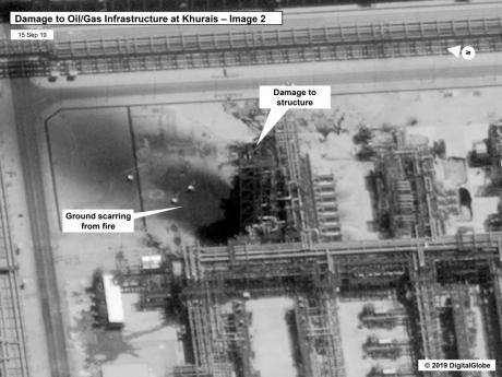 This image provided on Sunday, September 15, 2019, by the United States government and DigitalGlobe, and annotated by the source, shows damage to the infrastructure at Saudi Aramco’s Kuirais oil field in Buqyaq, Saudi Arabia. The drone attack Saturday on Saudi Arabia’s Abqaiq plant and its Khurais oil field led to the interruption of an estimated 5.7 million barrels of the kingdom’s crude oil production per day, equivalent to more than 5% of the world’s daily supply. 