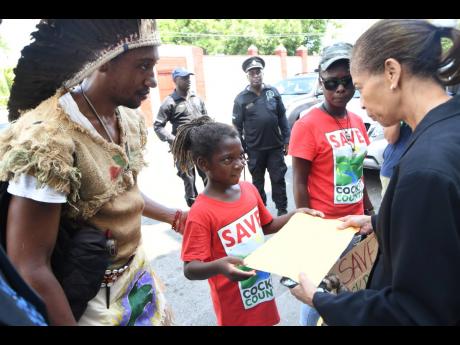 Clerk of the Houses of Parliament, Heather Cooke, accepts the letter from (from left) Robert Pairman, aka Kasike Nibonrix Kaiman; Inilech Guydeen and Toni-Ann Braden at Gordon House yesterday as various interest groups staged a protest against mining in the Cockpit Country.