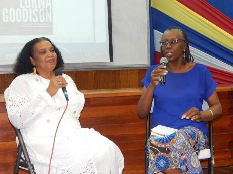 Lorna Goodison (left), poet laureate, and Dr Anthea Morrison in conversation at The UWI.