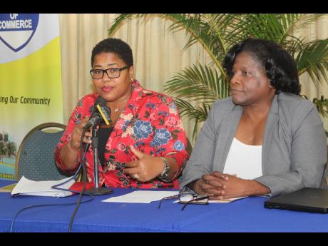 From left: Manchester Chamber of Commerce President Kenisha Dwyer-Powell and NCU Vice President of University Relations Yvonne Bignall address a press conference at the Golf View Hotel in Mandeville on October 3.