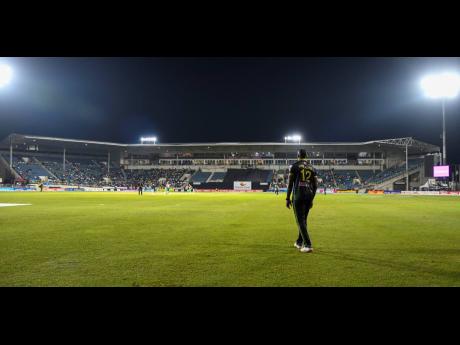 Jamaica Tallawahs player Andre Russell looks on while fielding during their Caribbean Premier League game against the Guyana Amazon Warriors, in front of scanty stands at Sabina Park on Wednesday, September 18, 2019. 