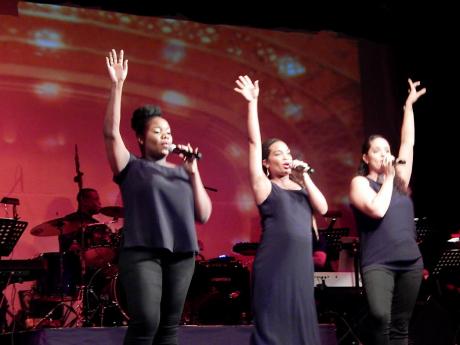 This trio (Trevelle Clarke-Whyne, Ana Strachan, and Ruth Browne) sings a song from a musical, at the Edna Manley School of Music concert on Sunday, November 2, 2019.