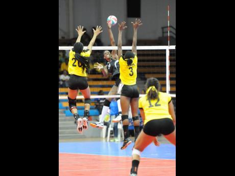 Jamaica’s women’s volleyball team in action against Trinidad and Tobago during the CAZOVA Women’s Championship final at the National Indoor Sports Centre on Tuesday, August 1, 2017.