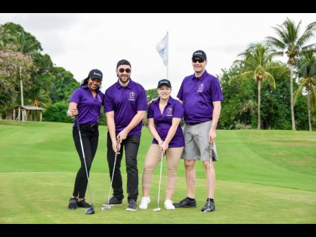 (From left) Sandals brand manager, Francine Allen, poses with Air Canada Vacations’ vice-president, Hugo Coloumbe, Melina Mastropasgua, Sandals supervisor, and Matthieu Delevoy  at the Sandals Canadian Travel Industry Golf Tournament at Sandals Golf and Country Club in Upton, St Ann.