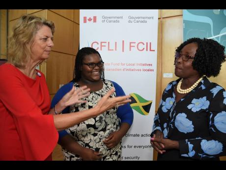 Laurie Peters (left), Canadian high commissioner to Jamaica, talks with Berthlyn Plummer (right), senior manager, head of the Social Work Department at the Peace Management Initiative, and Asheki Spooner, executive director of Advocate for Change Jamaica. Occasion was the launch of the Canada Fund for Local Initiatives on Tuesday, December 3. 