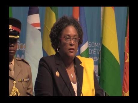 Barbados Prime Minister Mia Mottley addressing the ACP Summit.