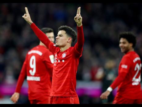 
Bayern’s scorer Philippe Coutinho celebrates after scoring his side’s sixth goal during the German Bundesliga match between FC Bayern Munich and SV Werder Bremen in Munich, Germany, yesterday. Bayern won 6-1.