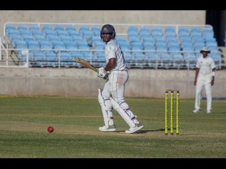 Barbados Pride batsman Kyle Mayer plays a shot down to fine leg during their Cricket West Indies Professional Cricket League Regional 4-Day game against the Jamaica Scorpions at Sabina Park in Kingston on Day Two, Friday afternoon.