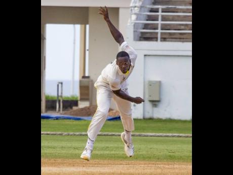 Jamaica Scorpions pace bowler Nicholson Gordon in action against the Leeward Islands Hurricanes during their Cricket West Indies Professional Cricket League Regional Four-Day match at the Trelawny Multi-Purpose Stadium yesterday.