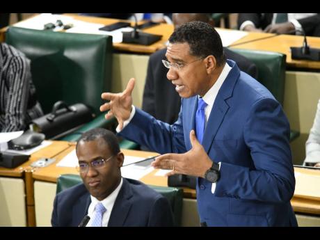 Prime Minister Andrew Holness addressing parliamentarians during his Budget Debate presentation in the House of Representatives in Kingston on Thursday.  