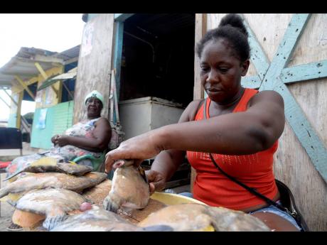Loretta Bryan (left) watches as her daughter Sherine Morgan cleans fish for sale in Rocky Point, Clarendon, on March 8, 2019. There has been a dramatic decline in business in the area due to the crippling blow of the new coronavirus.