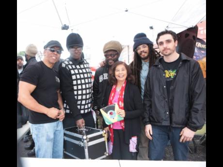 From left: Richard Lue, VP Records director of Business Development; Jah Wise; Jah Bami and Addis Pablo of Suns of Dub; Patricia Chin, founder of VP Records; and Ted Ganung, label manager of Dub Rockers at the 2017 celebration of International Record Store Day.