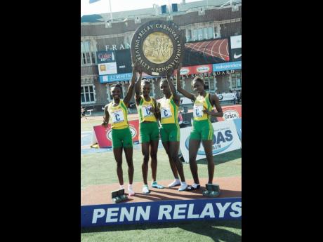 Vere Technical High School’s championship-winning girls’ 4x400m relay team at the Penn Relays in Philadelphia, Pennsylvania, in 2013.