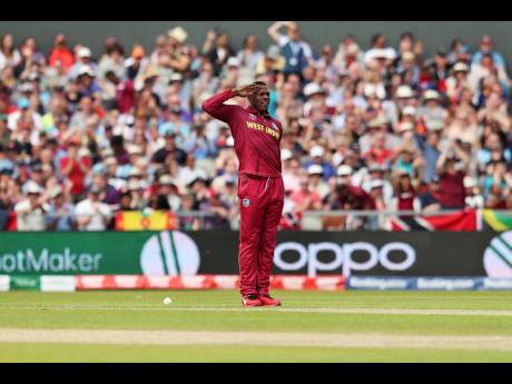 File
West Indies’ Sheldon Cottrell celebrates the wicket of New Zealand’s Tom Latham during the Cricket World Cup match between New Zealand and West Indies at Old Trafford in Manchester, England, Saturday, June 22, 2019. 