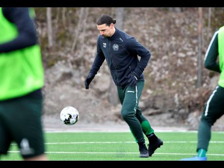 Zlatan Ibrahimovic takes part in a training session with the Swedish team Hammarby in Stockholm, Sweden, on Monday April 13, 2020. 