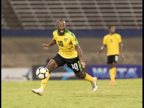 Jamaica’s Javon East reacts to a call by the referee during the Jamaica vs Aruba match in the Concacaf Nations League at the National Stadium on Saturday, October 12, 2019.