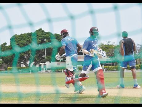 Windies cricketers during a training session at the 3Ws Oval in Cave Hill, Barbados, on May 22, 2016.