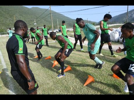 Members of Jamaica’s senior men’s football team go through a training exercise at the University of the West Indies/JFF Captain Horace Burrell Centre of Excellence at UWI on Tuesday, August 27, 2019.