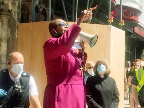 Bishop Rose Hudson-Wilkin rallying Black Lives Matter protesters in Canterbury, England, last Saturday. 