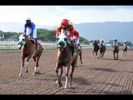 
TOONA CILIATA (right), with Dane Nelson aboard, wins the 8th race at Caymanas Park yesterday. Racing continues at the venue today. 