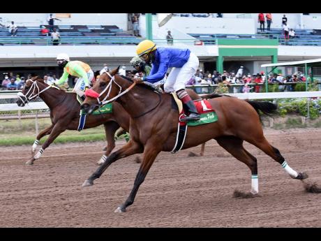 
UNIVERSAL BOSS (foreground) battles with PEKING CRUZ on his way to winning the 5th race at Caymanas Park yesterday.