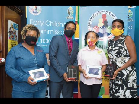 From left: Nasha-Monique Douglas, chief marketing officer, Digicel; Gregory Bent, principal, Alligator Pond Primary and Infant School; Imani-Leigh Hall, founder of ILAH’s Lemon-Aid Stand for Kids Foundation; and Trisha Williams-Singh, chairperson, Early 