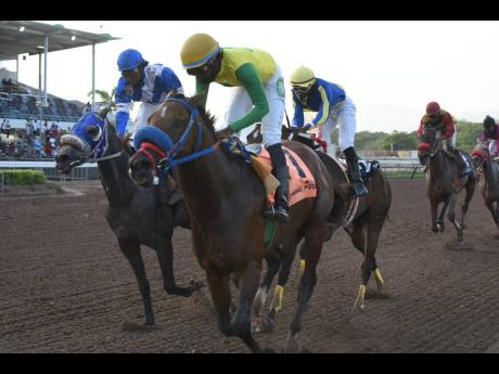 FATHER PATRICK (right), ridden by Omar Walker, had to battle with DUKE, ridden by Robert Halledeen, to claim victory in the 10th race at Caymanas Park on Saturday, July 4.