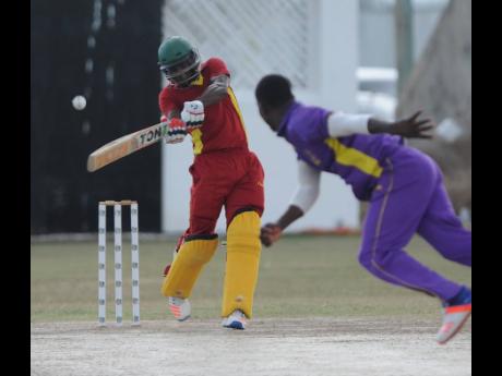 Oraine Williams from St Catherine Cricket Club plays a shot during his innings of 126 runs not out in the final of the Jamaica Cricket Association’s all- island 50 overs competition against Kingston Cricket Club at Chedwin Park in 2017.