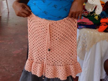 A knitted skirt made by Valrie Lattiebouhair of the Bonnygate Women’s Group, St Mary.