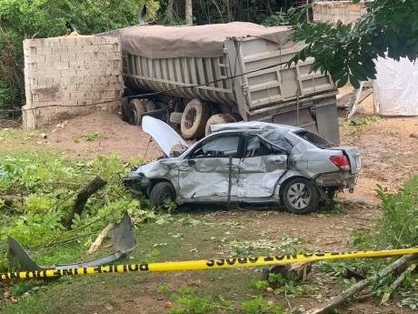 The trailer and the car that were involved in yesterday’s fatal crash along the North Coast Highway in Trelawny that claimed the life of 36-year-old cosmetologist Dian Johnson.