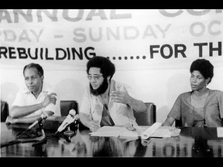 PRESS CONFERENCE: General Secretary of the People’s National Party Dr D.K. Duncan emphasising a point during a press conference at the party’s headquarters, Old Hope Road on Thursday, October 10, 1981. Seated (from left) are Mr Anthony Spaulding and Mi