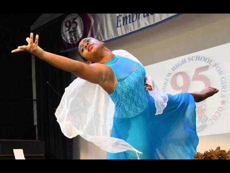 Anna Myers of the St Andrew High Dance Troupe performs at a ceremony in celebration of the school's 95th anniversary under the distinguished patronage of Dorothy Pine-McLarty on Monday. 