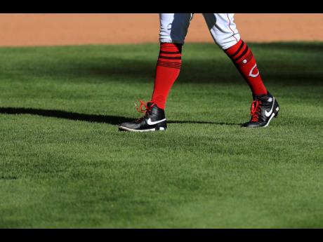 A view of the Nike Air Jordan 1 cleats worn by Cincinnati Reds' Archie Bradley during a baseball game against the Chicago White Sox in Cincinnati, Sunday, September 20, 2020. 