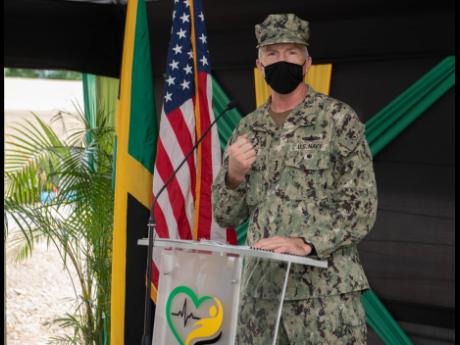 Admiral Craig Faller of the US Southern Command speaks at a handover ceremony at the National Chest Hospital on Thursday, September 24. Faller disclosed that transnational criminals have maintained their underworld operations in the Americas.