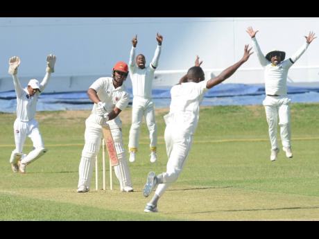Members of JDF cricket team celebrate the dismissal of a Melbourne Cricket Club batsman during the Senior Cup cricket final at Sabina Park on April 13, 2019.