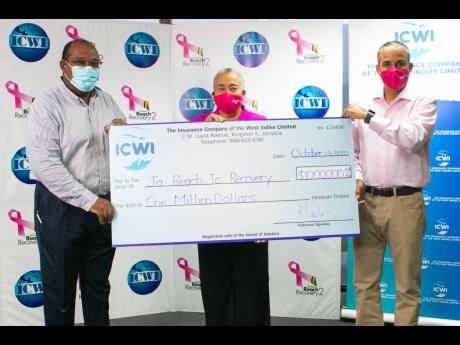 From left: Acting Executive Director of the Jamaica Cancer Society (JCS) Michael Leslie; chair of Jamaica Reach to Recovery (JRR), Carolind Graham, and president of the Insurance Company of the West Indies (ICWI), Paul Lalor, hold a symbolic cheque valued 