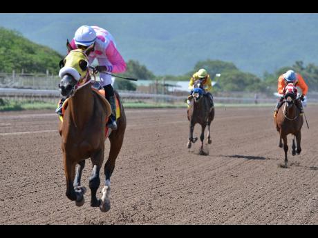 TOMOHAWK, ridden by Omar Walker, in the fifth race ahead of POWERMAN (right) and CRAFTY ZELLA ZEEN at Caymanas Park on Saturday, August 10, 2019.